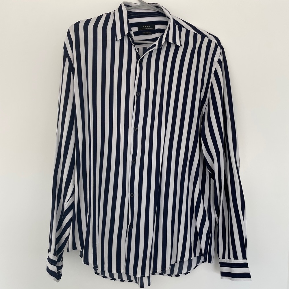 Zara Button Down Shirt in White w/ navy stripes